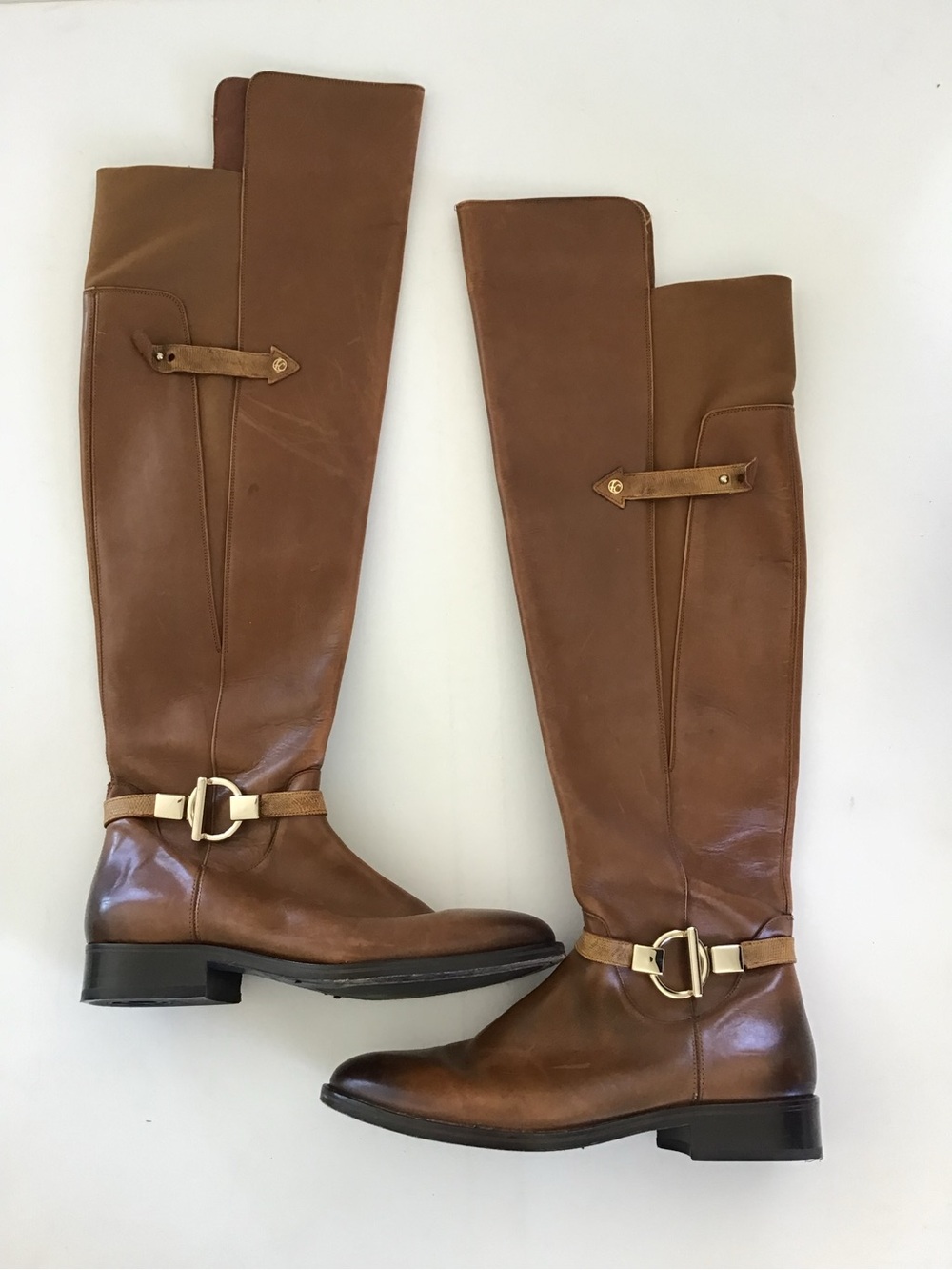 Franco Cuadra Honey Brown Leather Knee-High Riding Boots Gold Buckle Size 10.5